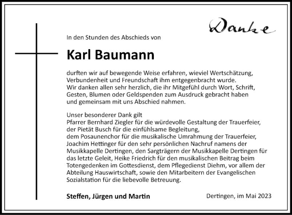  Traueranzeige für Karl Baumann vom 27.05.2023 aus Fränkische Nachrichten