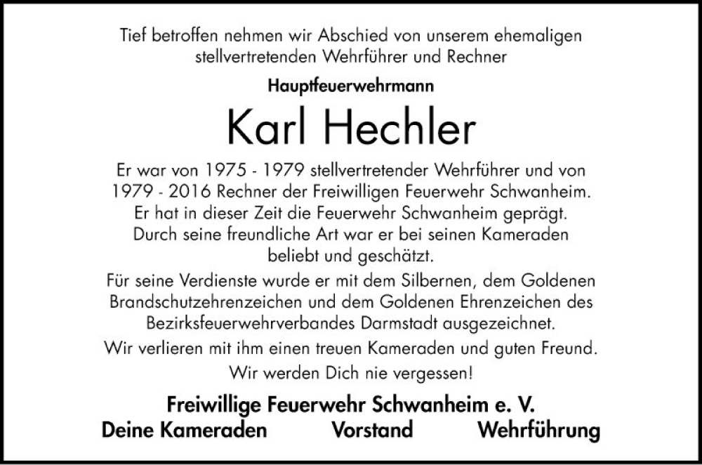  Traueranzeige für Karl Hechler vom 27.05.2023 aus Bergsträßer Anzeiger