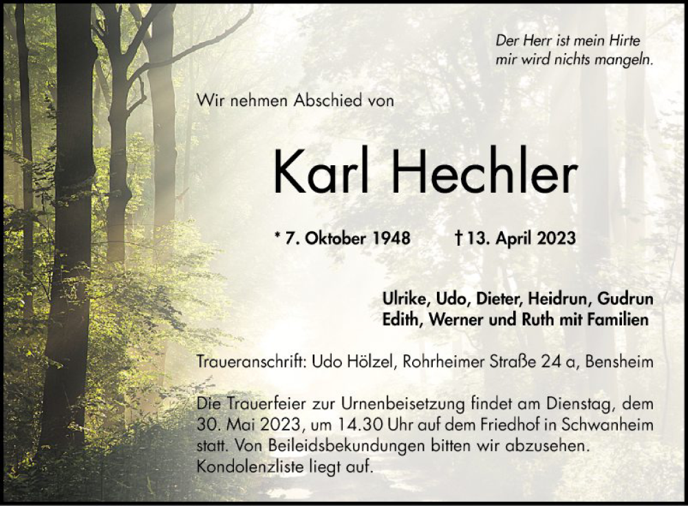  Traueranzeige für Karl Hechler vom 27.05.2023 aus Bergsträßer Anzeiger