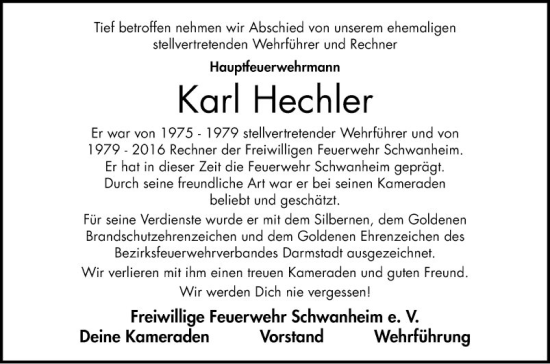 Traueranzeige von Karl Hechler von Bergsträßer Anzeiger