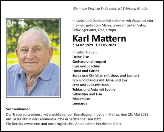 Traueranzeige von Karl Mattern von Fränkische Nachrichten