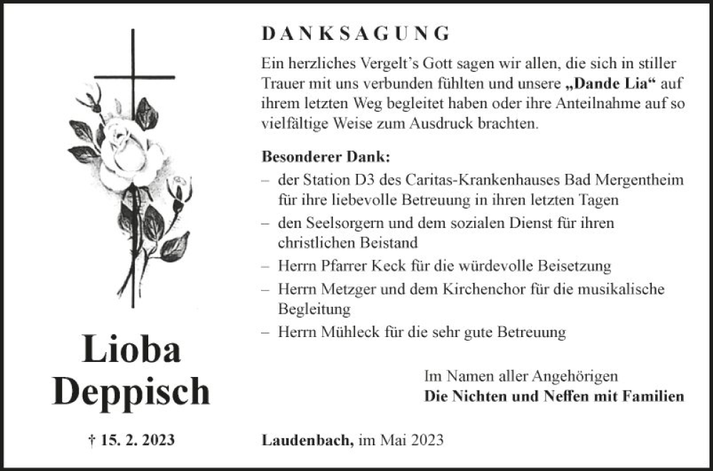  Traueranzeige für Lioba Deppisch vom 06.05.2023 aus Fränkische Nachrichten