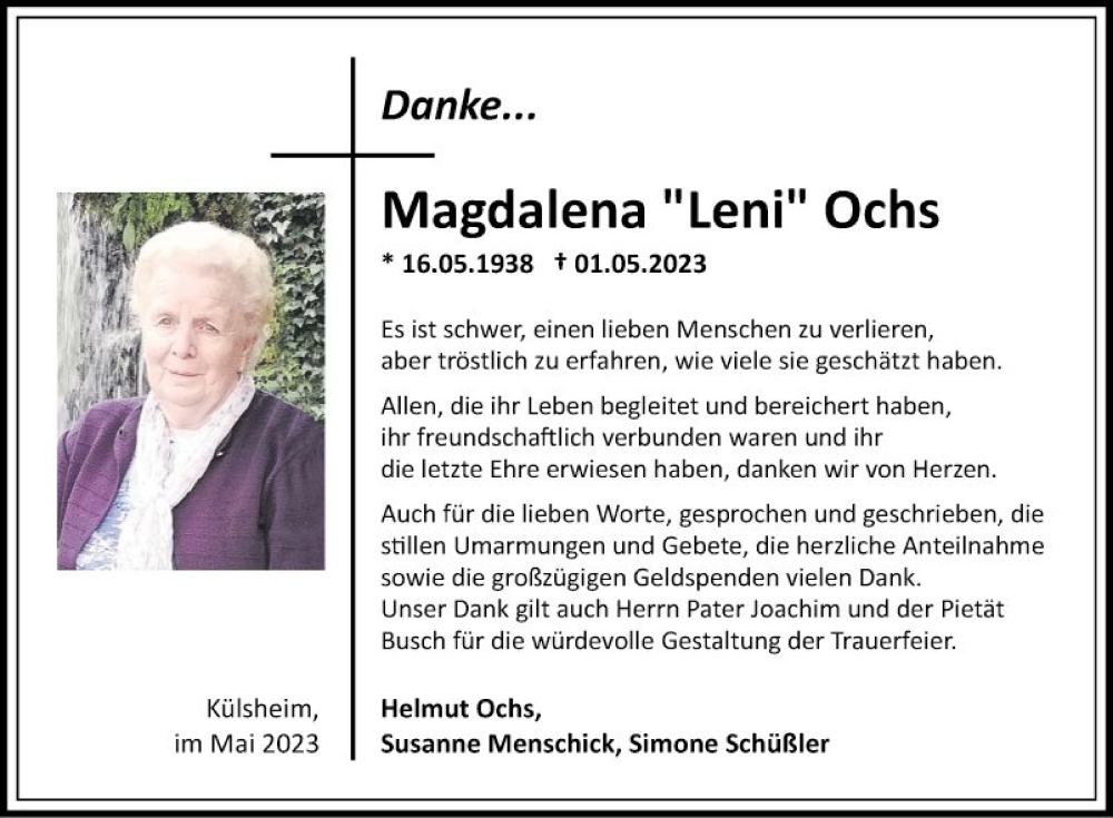  Traueranzeige für Magdalena Ochs vom 20.05.2023 aus Fränkische Nachrichten