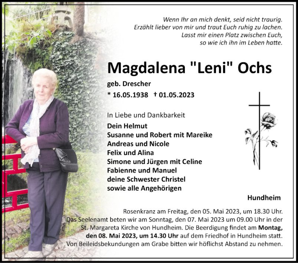  Traueranzeige für Magdalena Ochs vom 05.05.2023 aus Fränkische Nachrichten