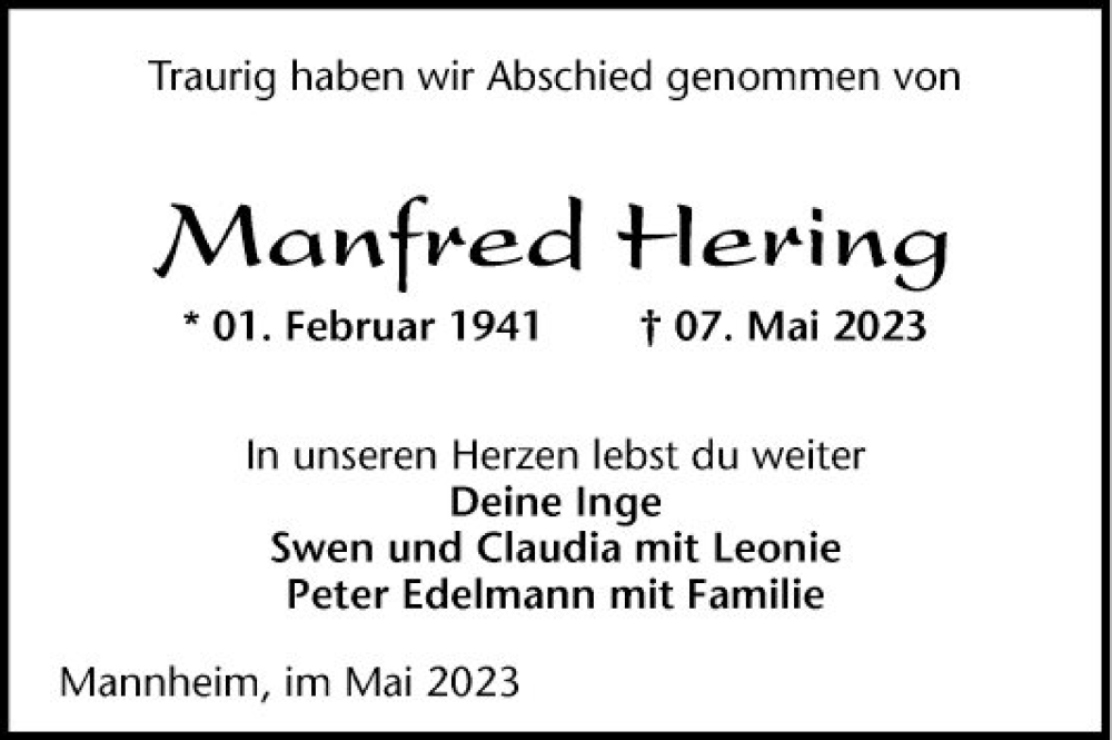 Traueranzeige für Manfred Hering vom 27.05.2023 aus Mannheimer Morgen