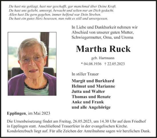 Traueranzeige von Martha Ruck von Fränkische Nachrichten