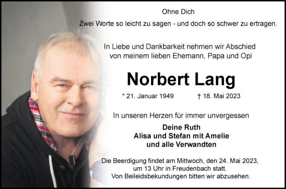  Traueranzeige für Norbert Lang vom 23.05.2023 aus Fränkische Nachrichten