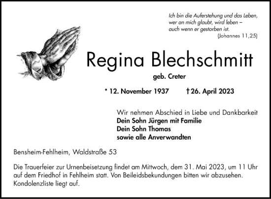 Traueranzeige von Regina Blechschmitt von Bergsträßer Anzeiger
