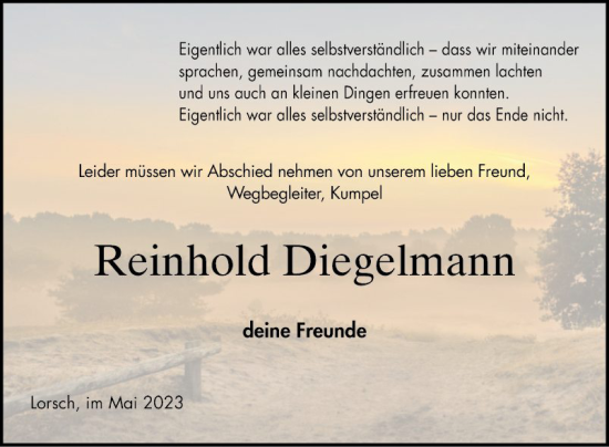 Traueranzeige von Reinhold Diegelmann von Bergsträßer Anzeiger