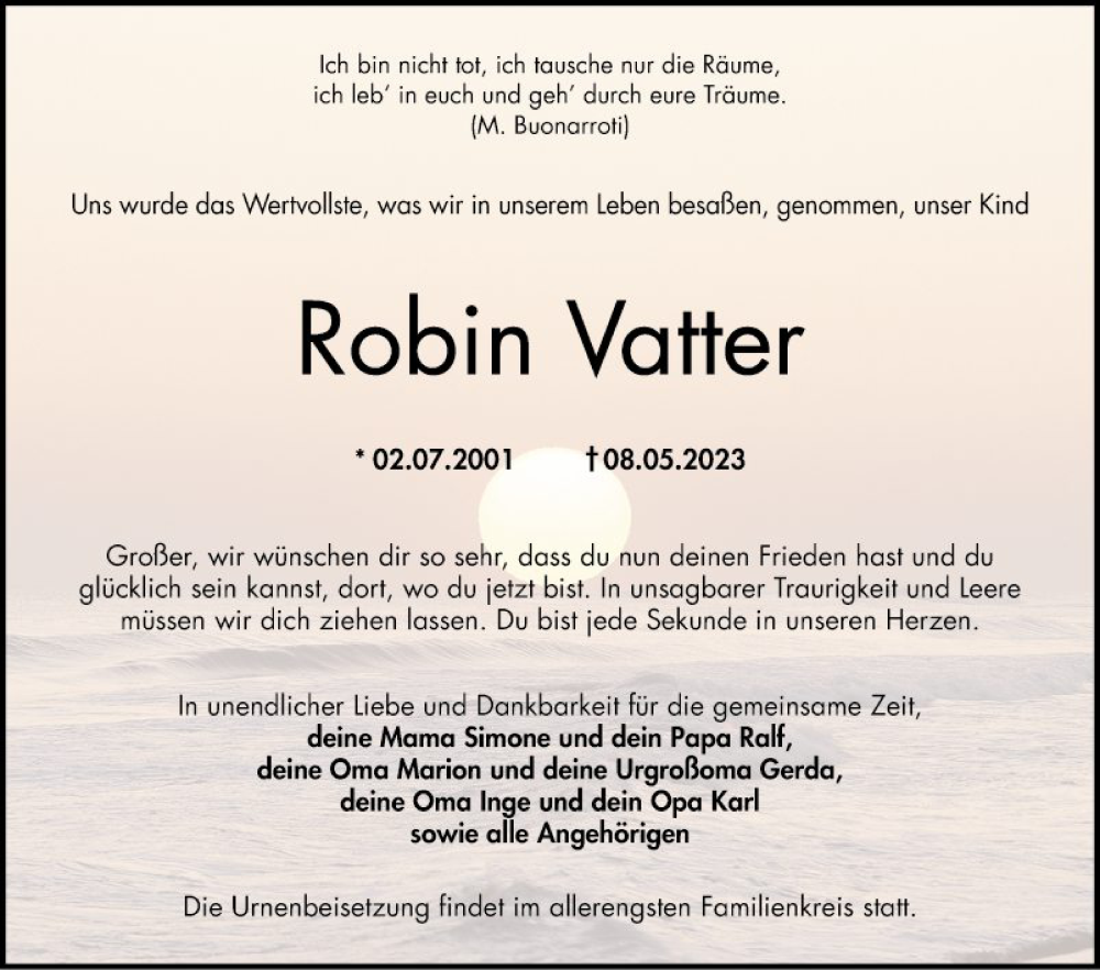  Traueranzeige für Robin Vatter vom 13.05.2023 aus Bergsträßer Anzeiger