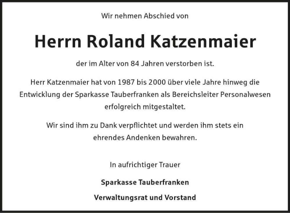  Traueranzeige für Roland Katzenmaier vom 26.05.2023 aus Fränkische Nachrichten