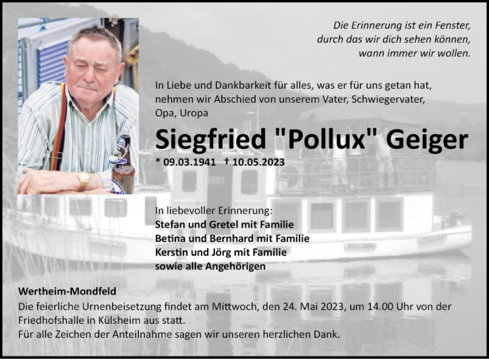  Traueranzeige für Siegfried Geiger vom 13.05.2023 aus Fränkische Nachrichten