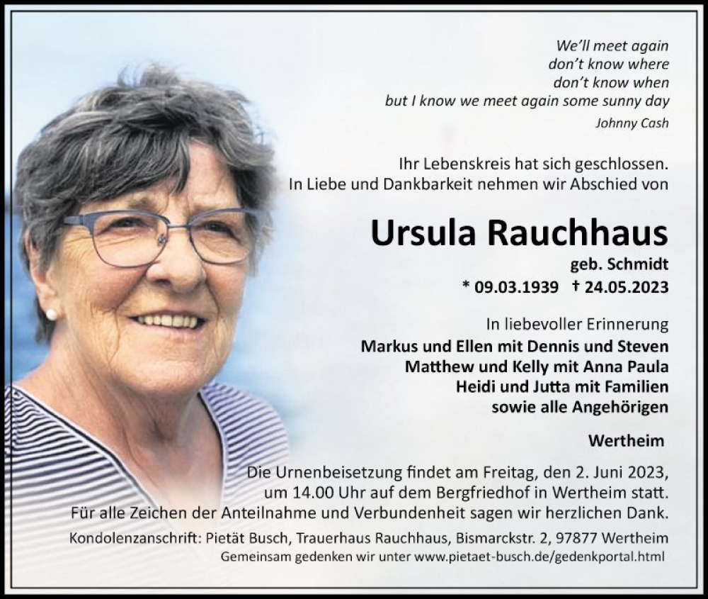  Traueranzeige für Ursula Rauchhaus vom 31.05.2023 aus Fränkische Nachrichten