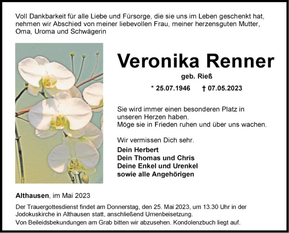  Traueranzeige für Veronika Renner vom 22.05.2023 aus Fränkische Nachrichten