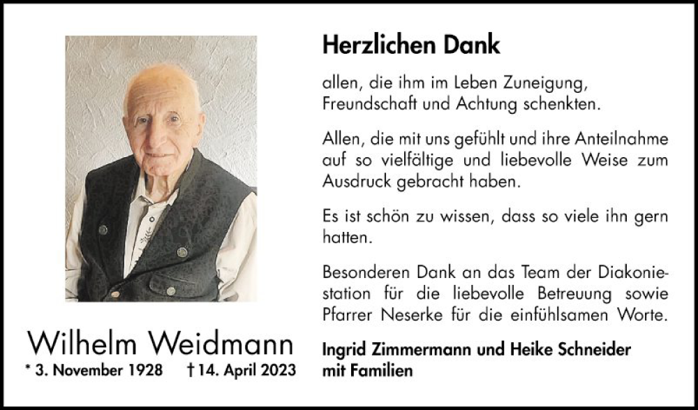  Traueranzeige für Wilhelm Weidmann vom 27.05.2023 aus Bergsträßer Anzeiger