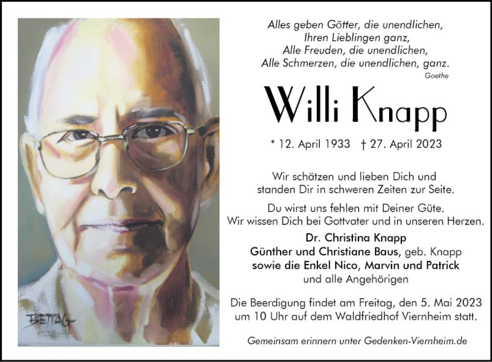  Traueranzeige für Willi Knapp vom 02.05.2023 aus Mannheimer Morgen