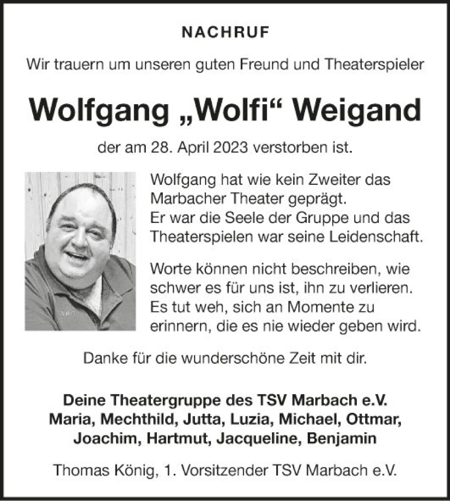  Traueranzeige für Wolfgang Weigand vom 17.05.2023 aus Fränkische Nachrichten