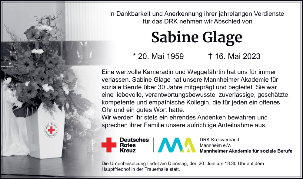  Traueranzeige für Sabine Glage vom 03.06.2023 aus Mannheimer Morgen