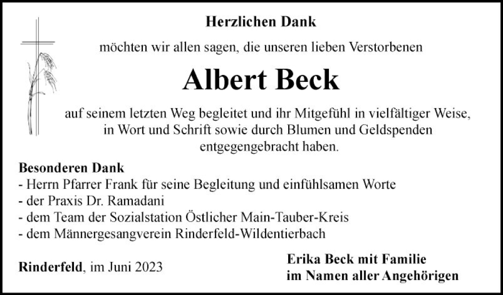  Traueranzeige für Albert Beck vom 10.06.2023 aus Fränkische Nachrichten