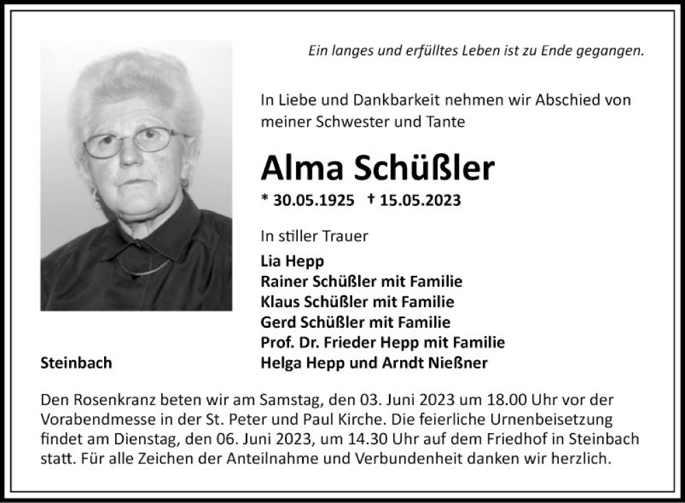  Traueranzeige für Alma Schüßler vom 03.06.2023 aus Fränkische Nachrichten