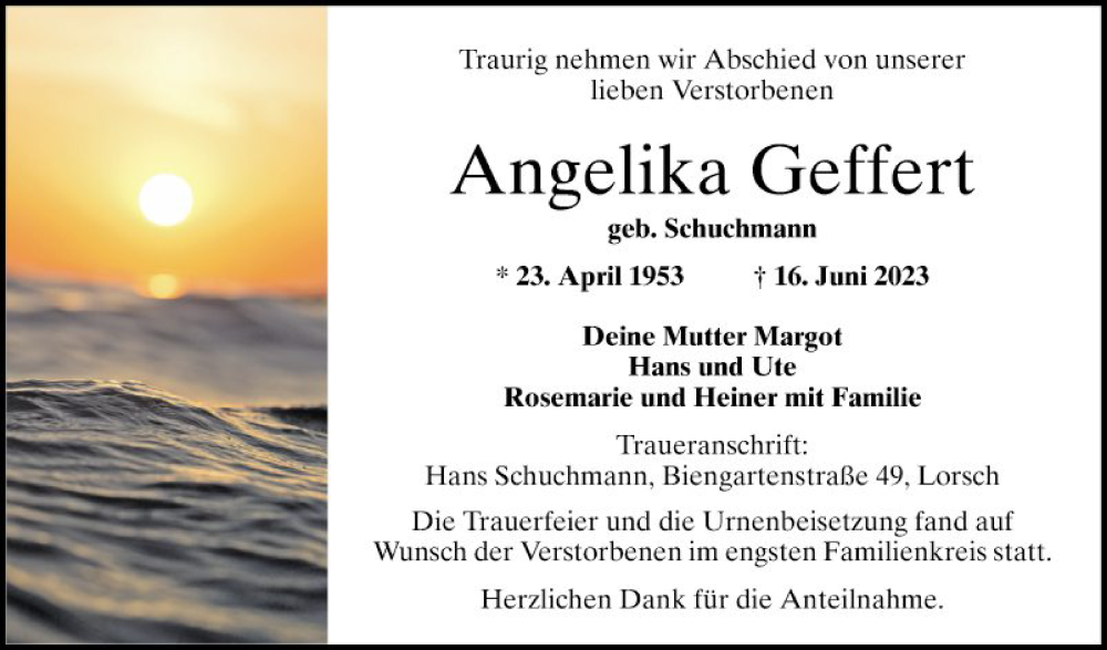  Traueranzeige für Angelika Geffert vom 01.07.2023 aus Bergsträßer Anzeiger