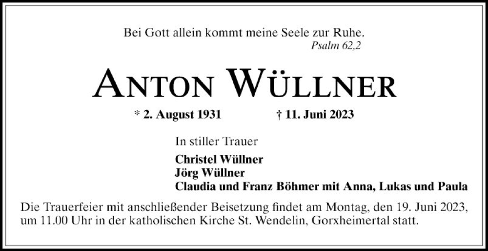  Traueranzeige für Anton Wüllner vom 15.06.2023 aus Mannheimer Morgen