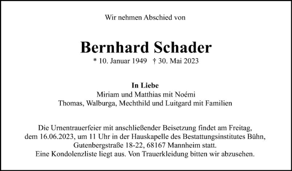  Traueranzeige für Bernhard Schader vom 03.06.2023 aus Mannheimer Morgen