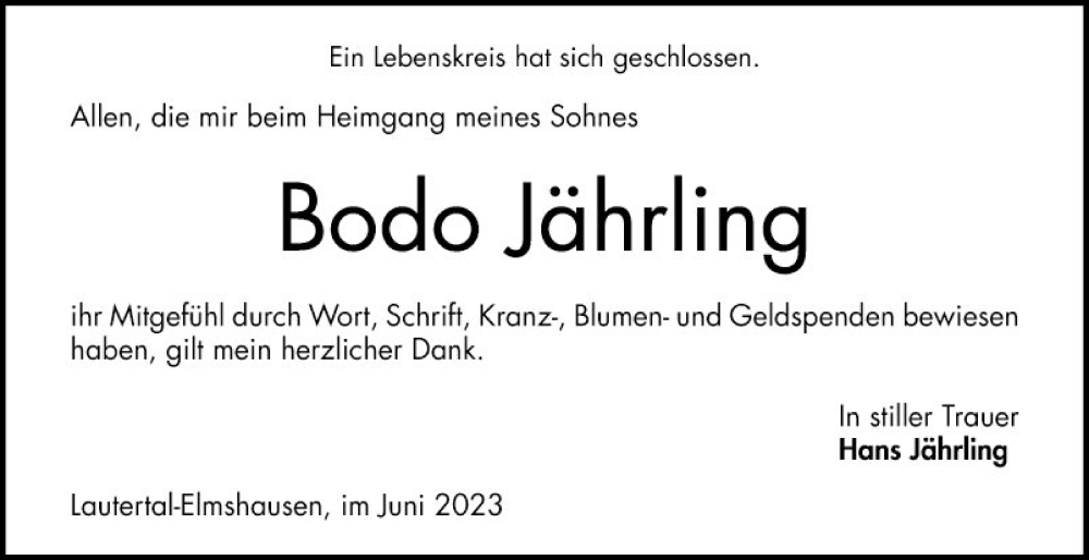  Traueranzeige für Bodo Jährling vom 03.06.2023 aus Bergsträßer Anzeiger