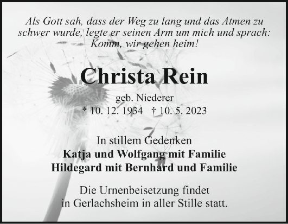  Traueranzeige für Christa Rein vom 03.06.2023 aus Fränkische Nachrichten