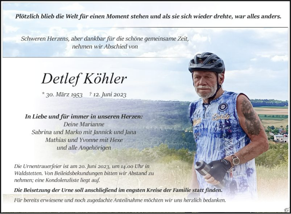  Traueranzeige für Detlef Köhler vom 17.06.2023 aus Fränkische Nachrichten