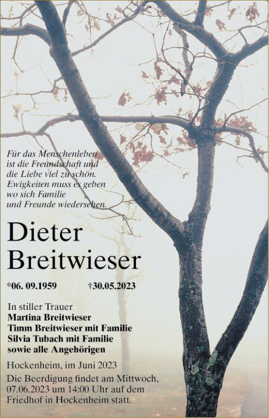 Traueranzeige von Dieter Breitwieser von Schwetzinger Zeitung