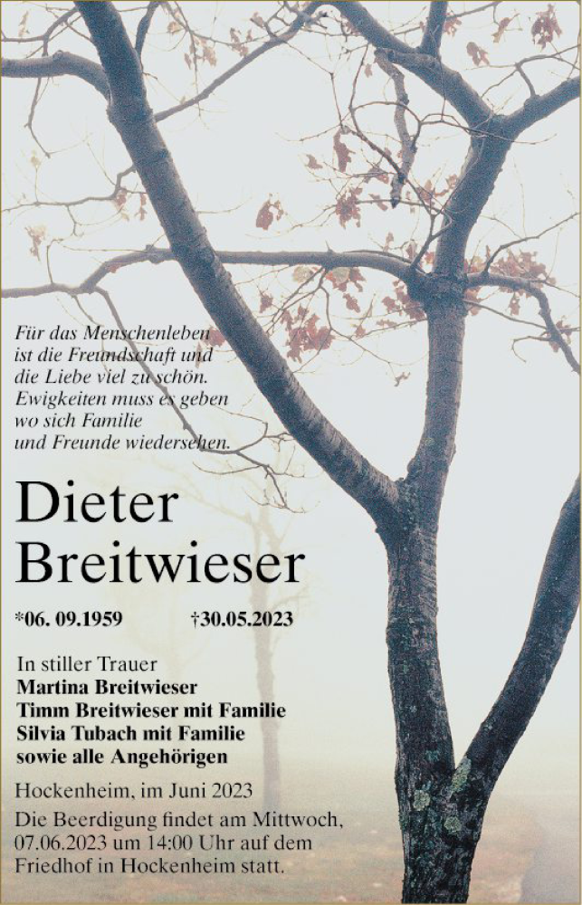  Traueranzeige für Dieter Breitwieser vom 03.06.2023 aus Schwetzinger Zeitung