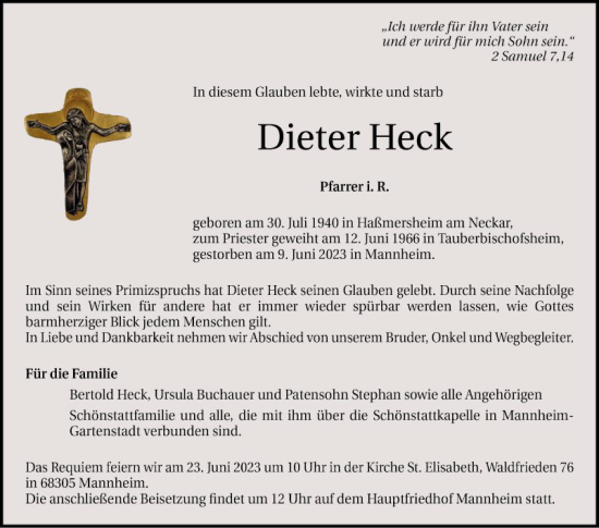 Traueranzeige von Dieter Heck von Mannheimer Morgen