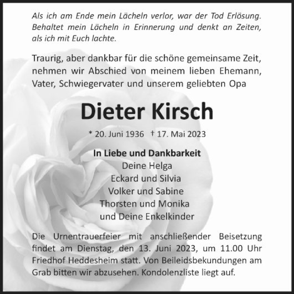  Traueranzeige für Dieter Kirsch vom 03.06.2023 aus Mannheimer Morgen