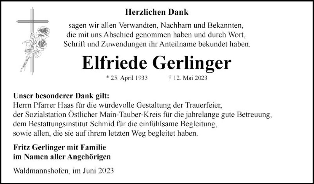  Traueranzeige für Elfriede Gerlinger vom 17.06.2023 aus Fränkische Nachrichten