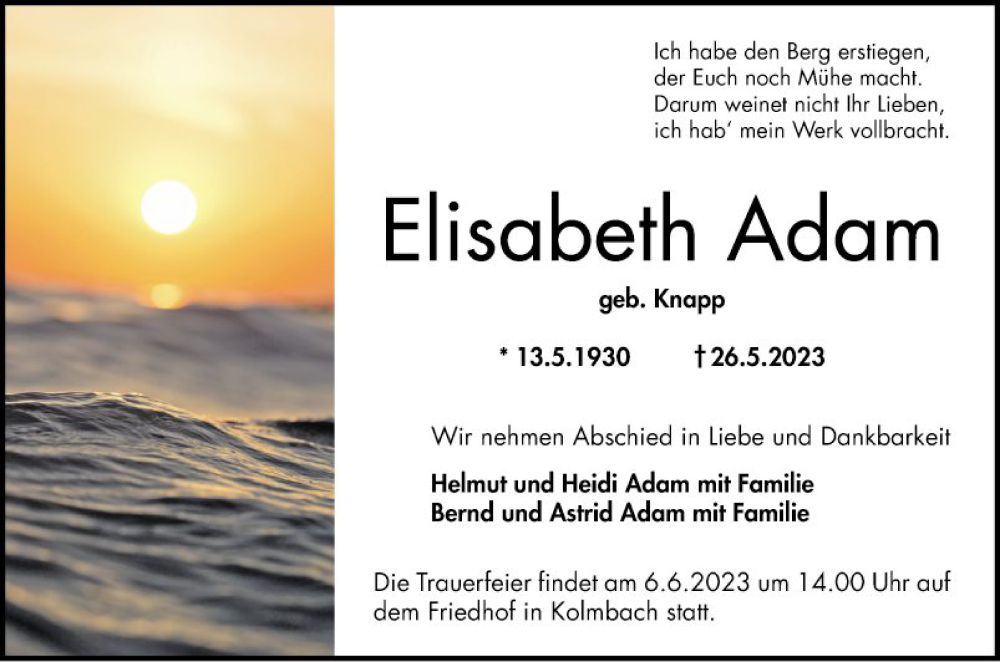  Traueranzeige für Elisabeth Adam vom 03.06.2023 aus Bergsträßer Anzeiger