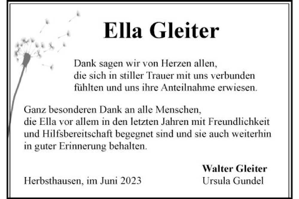  Traueranzeige für Ella Gleiter vom 17.06.2023 aus Fränkische Nachrichten