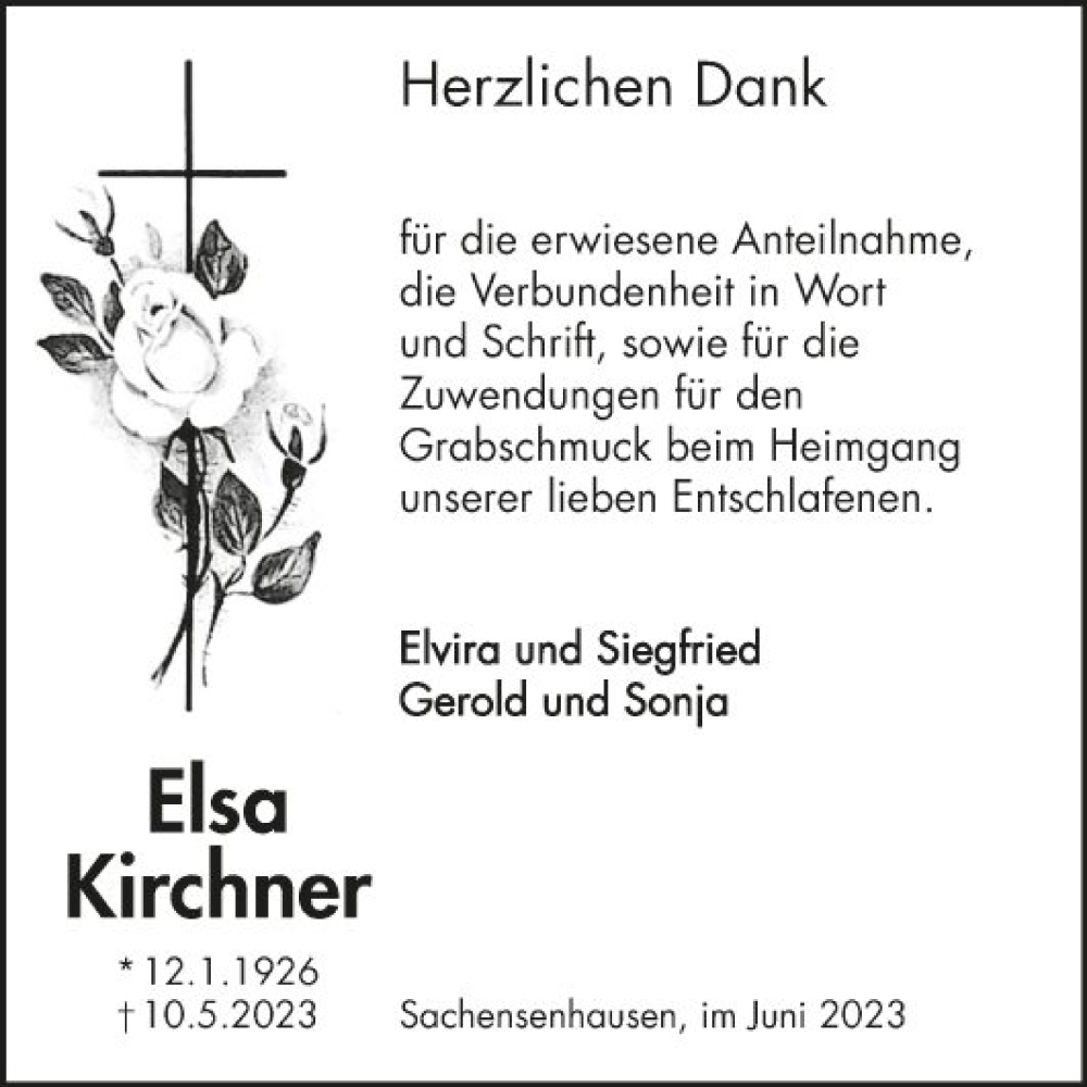  Traueranzeige für Elsa Kirchner vom 07.06.2023 aus Fränkische Nachrichten