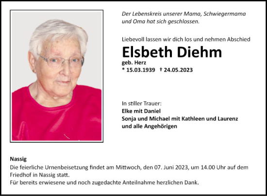 Traueranzeige von Elsbeth Diehm von Fränkische Nachrichten