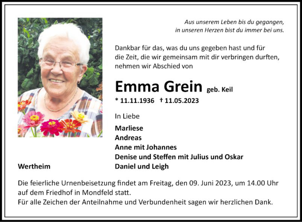  Traueranzeige für Emma Grein vom 03.06.2023 aus Fränkische Nachrichten