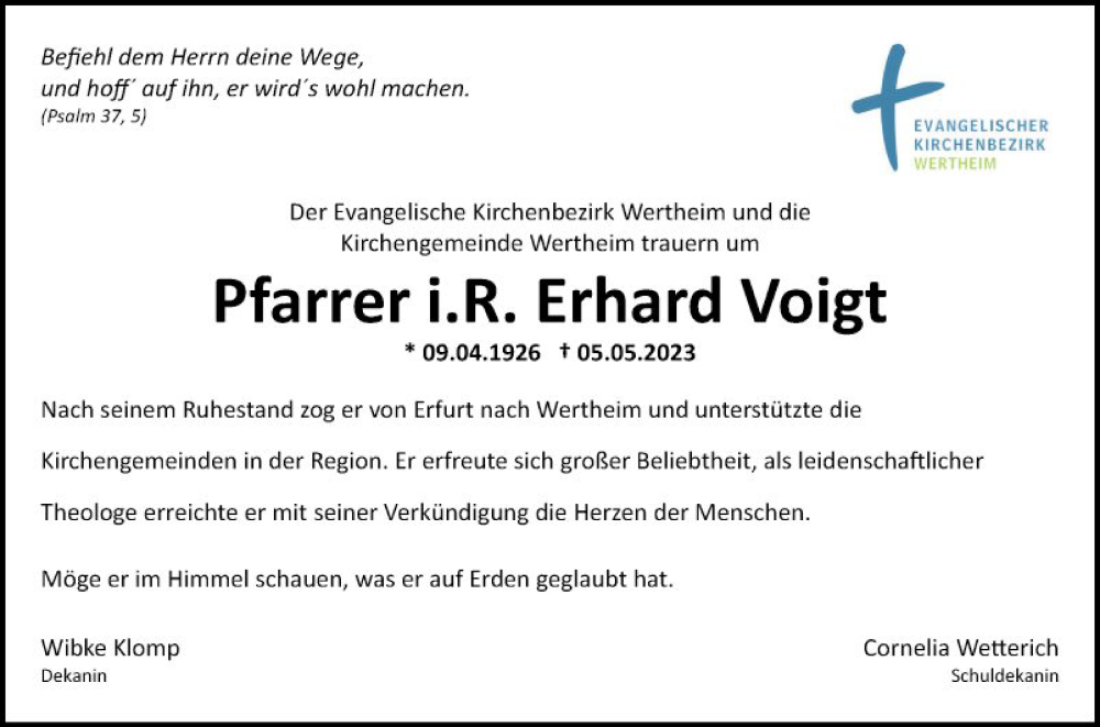  Traueranzeige für Erhard Voigt vom 03.06.2023 aus Fränkische Nachrichten