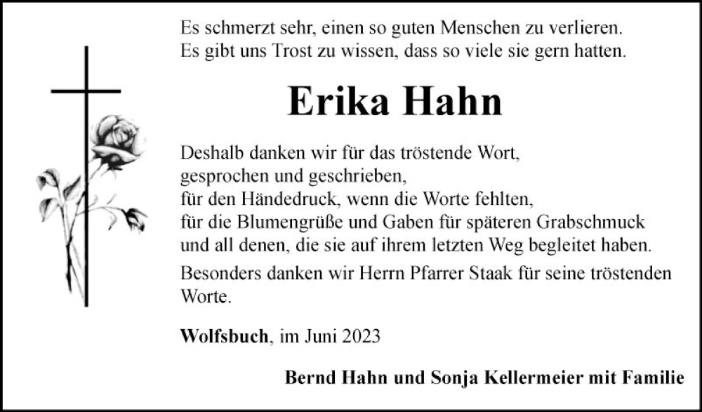  Traueranzeige für Erika Hahn vom 10.06.2023 aus Fränkische Nachrichten