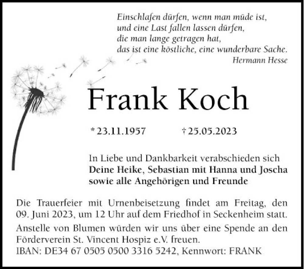  Traueranzeige für Frank Koch vom 03.06.2023 aus Mannheimer Morgen