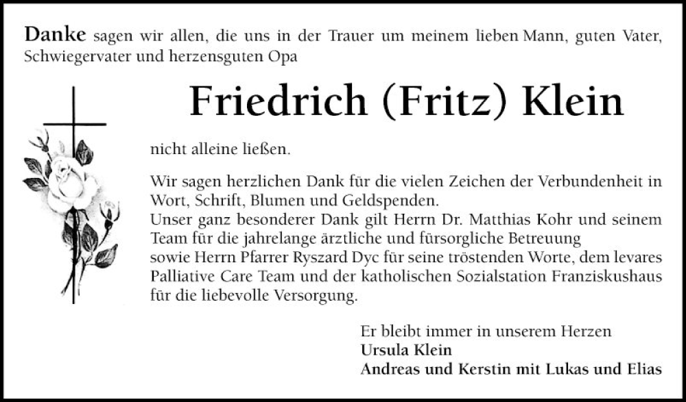  Traueranzeige für Friedrich Klein vom 01.07.2023 aus Mannheimer Morgen