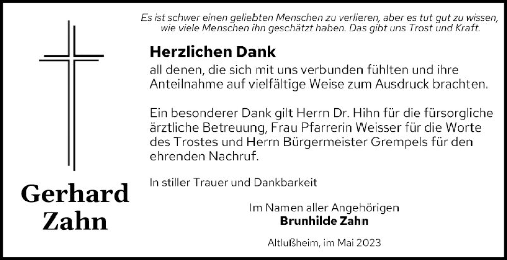  Traueranzeige für Gerhard Zahn vom 03.06.2023 aus Schwetzinger Zeitung