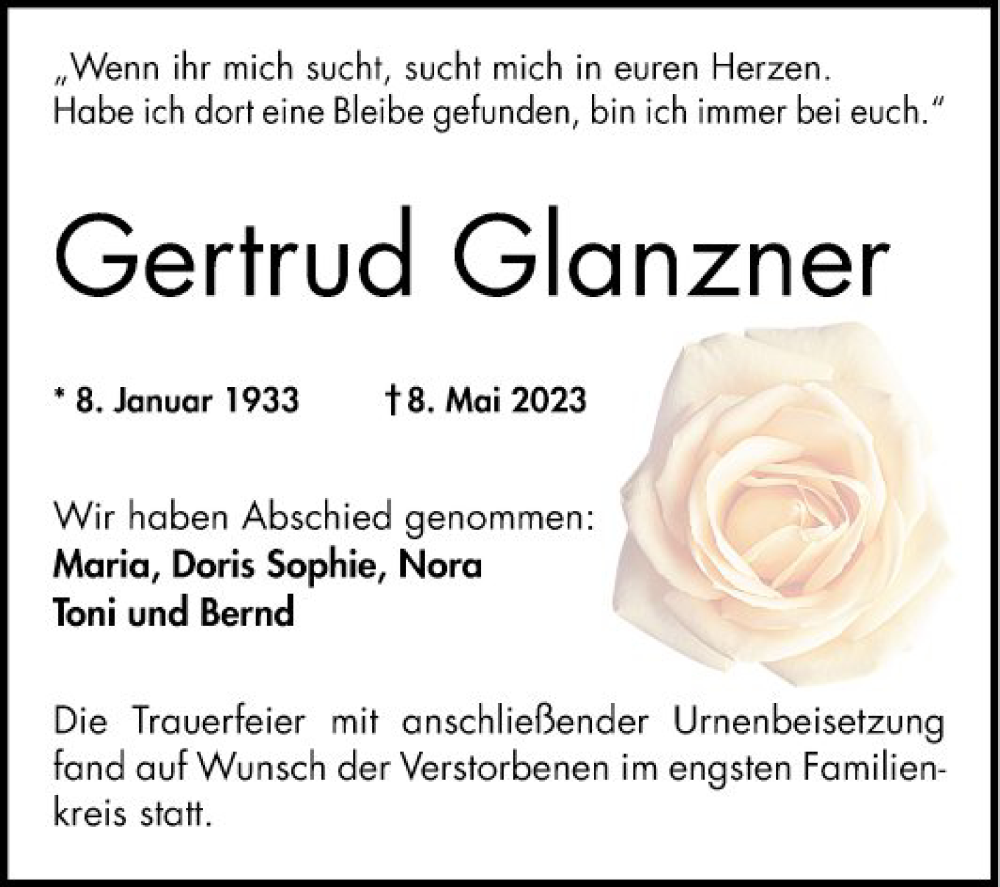  Traueranzeige für Gertrud Glanzner vom 03.06.2023 aus Bergsträßer Anzeiger