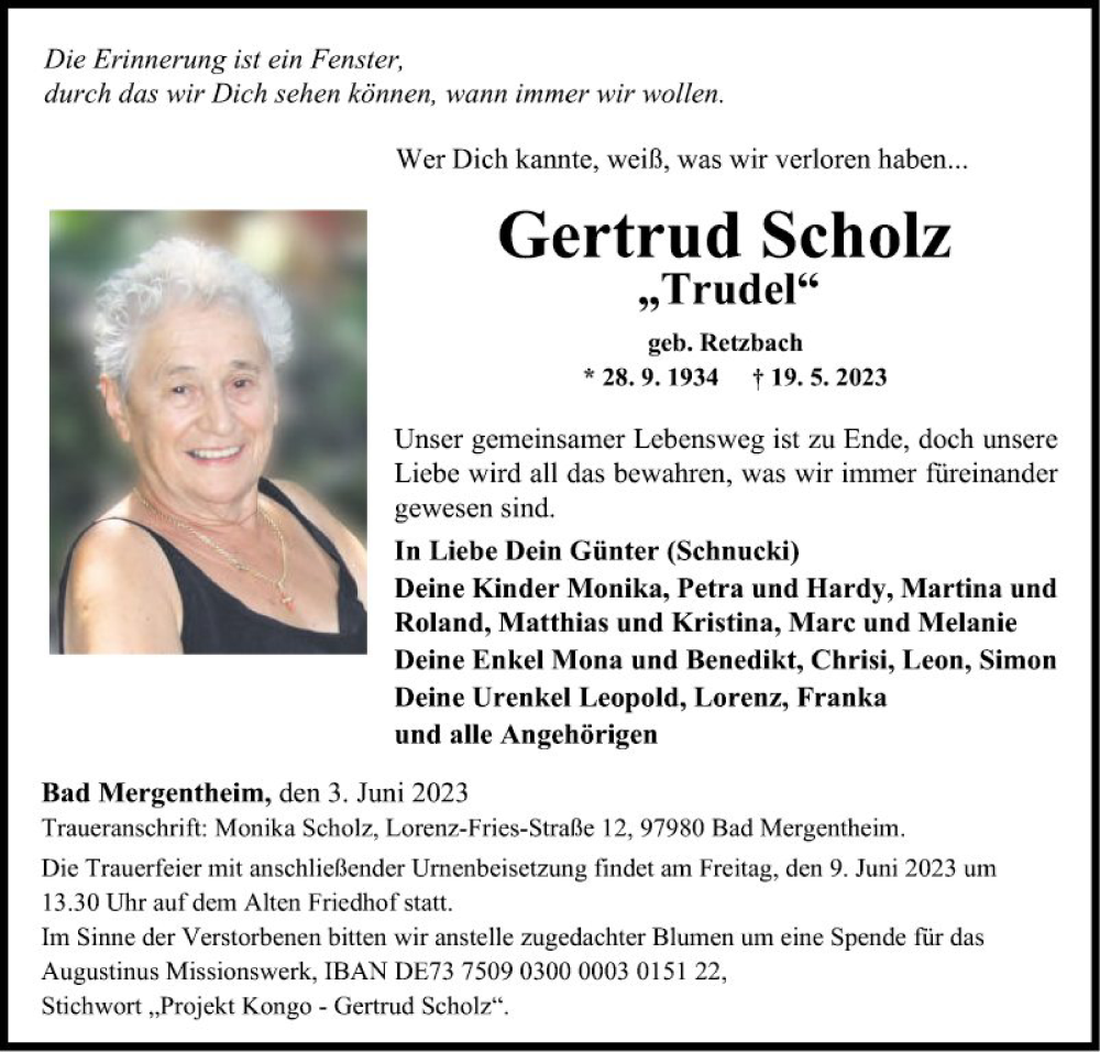  Traueranzeige für Gertrud Scholz vom 03.06.2023 aus Fränkische Nachrichten