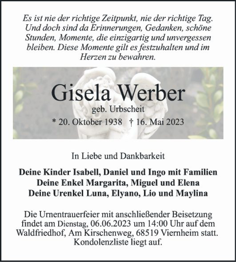  Traueranzeige für Gisela Werber vom 03.06.2023 aus Mannheimer Morgen