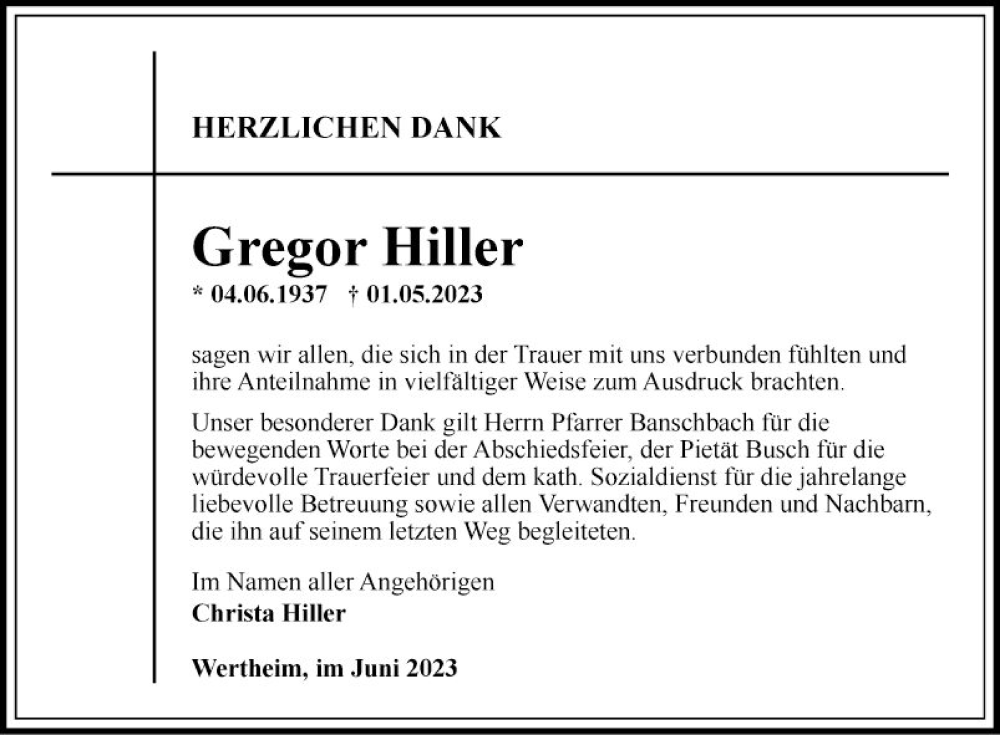  Traueranzeige für Gregor Hiller vom 07.06.2023 aus Fränkische Nachrichten
