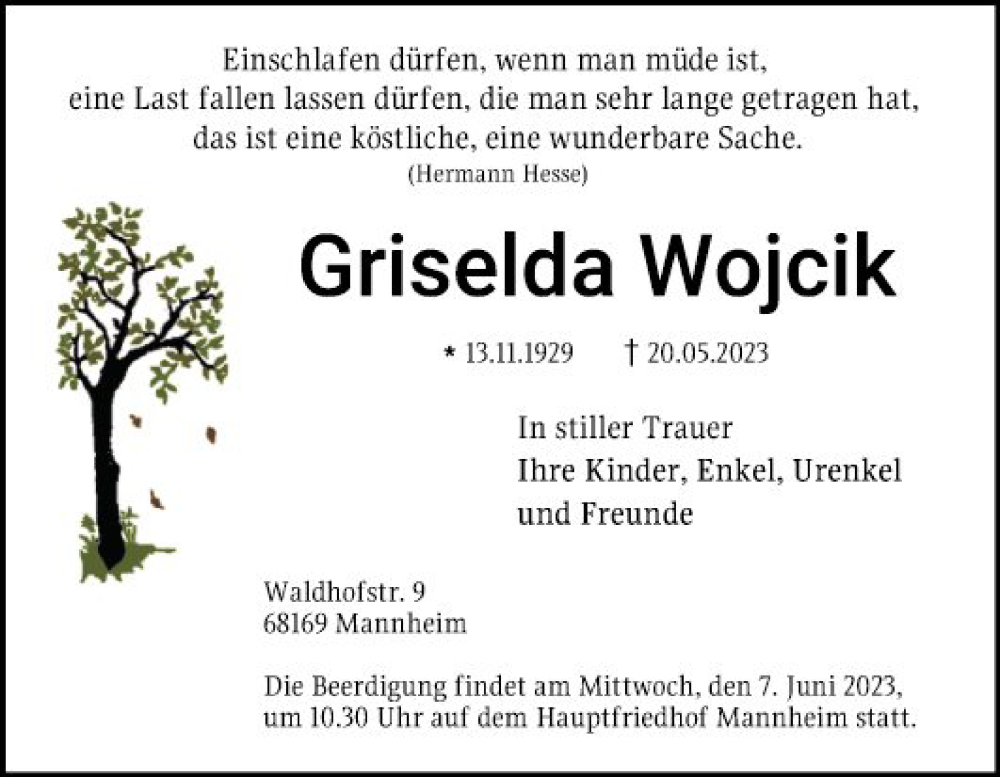  Traueranzeige für Griselda Wojcik vom 03.06.2023 aus Mannheimer Morgen